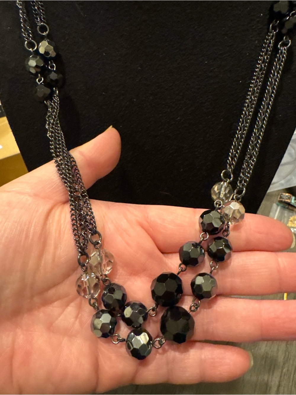 Premier Designs Black Gunmetal Multi Strand Beaded Necklace Faceted Crystal